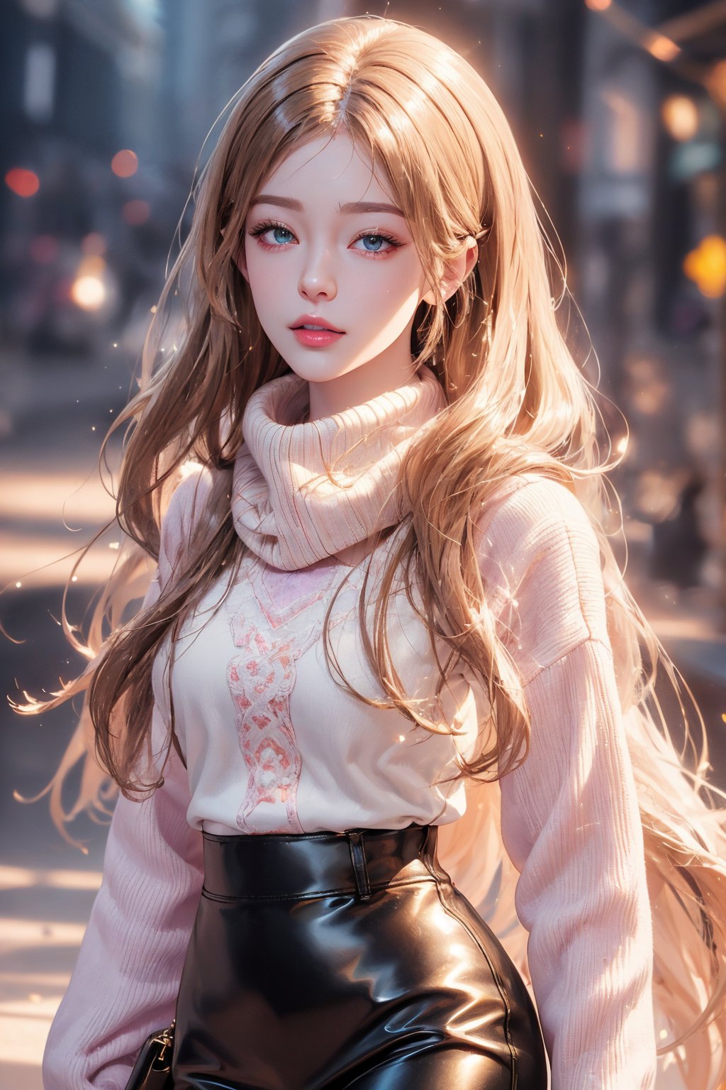 (masterpiece ,best quality,insanely detailed),insanely detailed,caustics,vibrant colors ,sharp focus,1 absolutely beautiful pale woman,orange long hair,purple eyes,light smile,(wear a scarf),close range,autumn park,white knit sweater,Nordic pattern,black leather pencil skirt,detailed and beautiful eyes,sparkle eyes,glossy lips, beautiful and detailed skin,hyper realistic, perfect anatomy ,perfect 5 fingers,attractive,amazing, super fine illustration