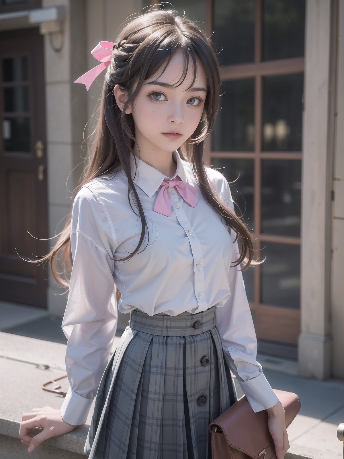 (detailed beautiful eyes and detailed face, masterpiece side light, masterpiece, best quality, detailed, high resolution illustration), (1 girl, beautiful girl, shiny skin, looking down, looking at viewer), ( Sky blue long hair, pink eyes, skirt, ribbon, button-down shirt) 45 degrees, top view,  sideways,bagpipeqr,HowToHoldMeme,1 girl,blurry_light_background