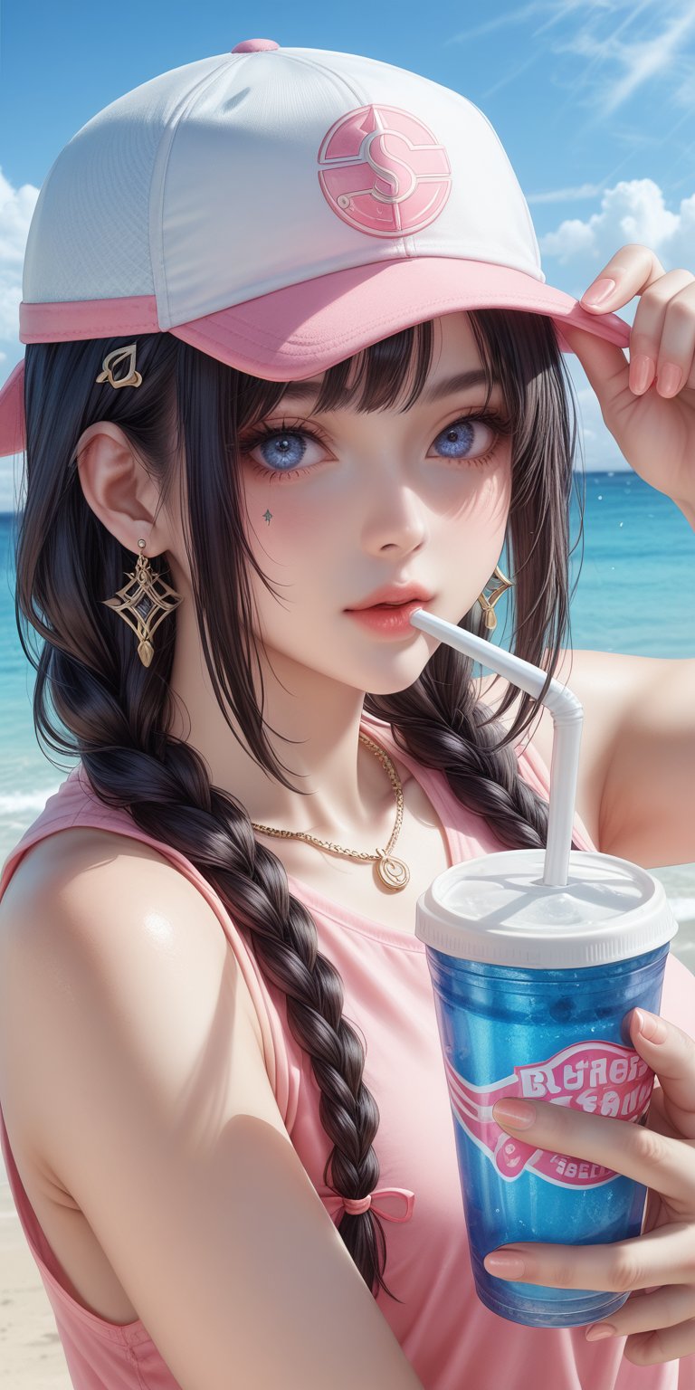 A young woman with long black hair and blue eyes looks directly at the viewer while wearing a baseball cap and a braided hairstyle adorned with a hair ornament. She holds a disposable cup with a drinking straw and takes a sip, her lips painted a bright pink to match her nail polish. A delicate ring sparkles on her hand, complementing her earrings as she poses outdoors during the day.