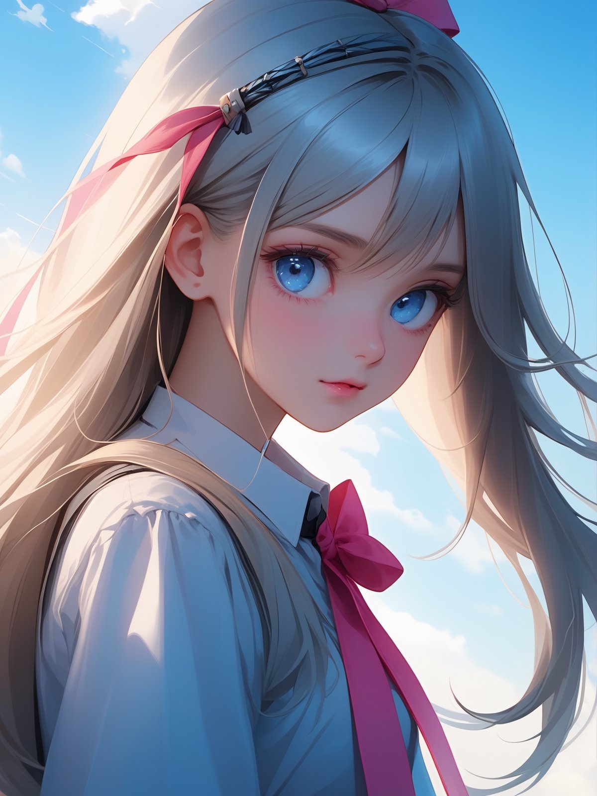 (detailed beautiful eyes and detailed face, masterpiece side light, masterpiece, best quality, detailed, high resolution illustration), (1 girl, beautiful girl, shiny skin, looking down, looking at viewer), ( Sky blue long hair, pink eyes, skirt, ribbon, button-down shirt) 45 degrees, top view,  sideways,bagpipeqr,HowToHoldMeme,1 girl,blurry_light_background