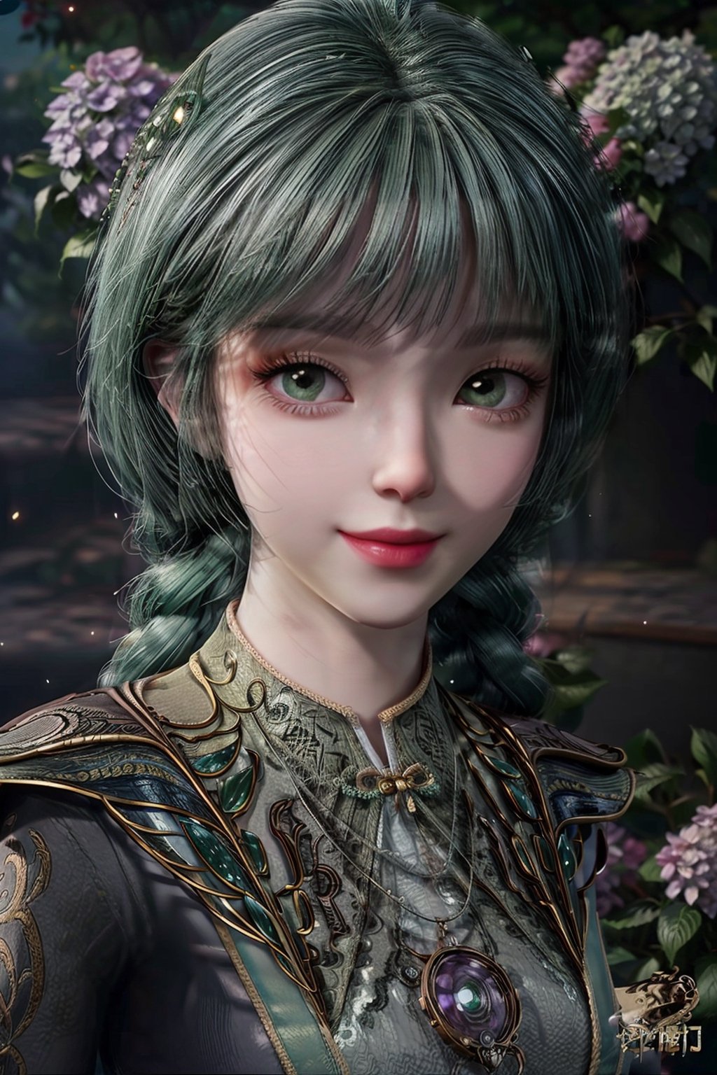 masterpiece, best quality, high quality, High definition, High quality texture, High quality shadow, high detail, Cinematic Light, sidelighting, Ray tracing, sharp focus, gundam,garden,(most of body),night, full moon,1 girl, mature woman, Chinese style, ancient China, sister, imperial sister, smile, dark hair, princess cut, a Fried Dough Twists braid, coiled hair, double ball head, light pink lips, calm, intellectual, middle hair, green eyes, hairpin,(hydrangea:1.2), fine face, facial close-up,ancient Chinese clothes,Beautiful face,upon_body, tyndall effect,photorealistic, rim lighting, two tone lighting,(high detailed skin:1.2), 8k uhd, dslr, soft lighting, high quality, Photograph, high resolution, 4k, 8k, Bokeh