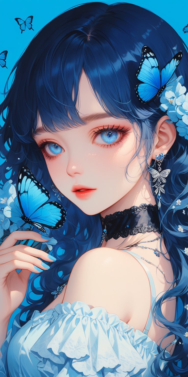 1girl, solo, long hair, looking at viewer, blue eyes, dress, holding, bare shoulders, jewelry, blue hair, upper body, flower, earrings, parted lips, choker, off shoulder, nail polish, from side, lips, sparkle, blue background, wavy hair, black choker, bug, butterfly, blue nails, blue flower, blue theme, holding flower, blue butterfly