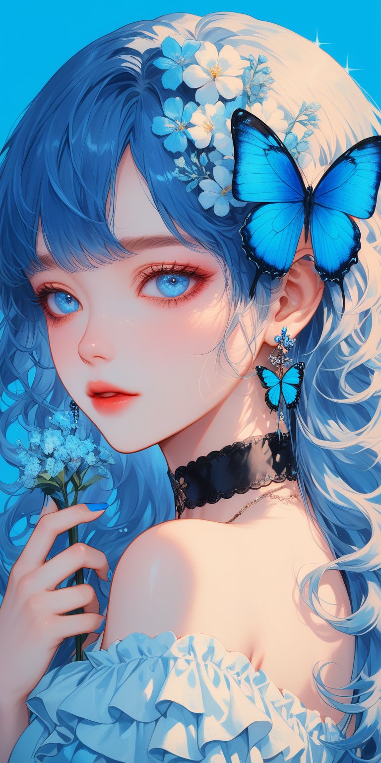 1girl, solo, long hair, looking at viewer, blue eyes, dress, holding, bare shoulders, jewelry, blue hair, upper body, flower, earrings, parted lips, choker, off shoulder, nail polish, from side, lips, sparkle, blue background, wavy hair, black choker, bug, butterfly, blue nails, blue flower, blue theme, holding flower, blue butterfly