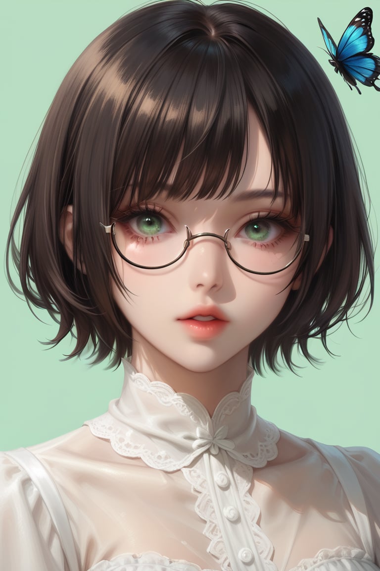 1girl, solo, looking at viewer, short hair, bangs, simple background, brown hair, black hair, green eyes, parted lips, glasses, lips, eyelashes, bug, butterfly, portrait, green background, round eyewear