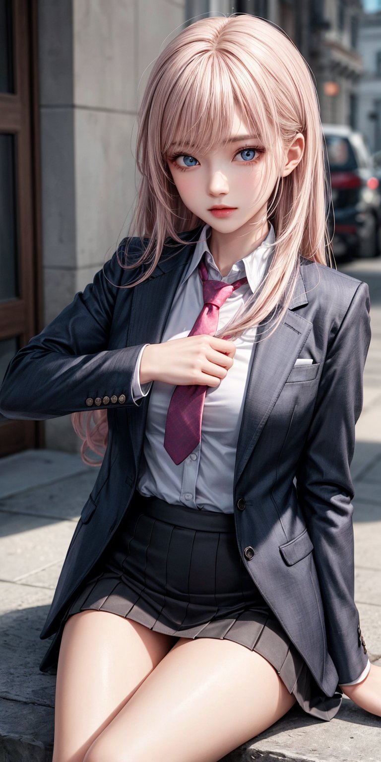 1girl, solo, long hair, looking at viewer, skirt, shirt, sitting, jacket, white shirt, pink hair, necktie, formal, suit, grey jacket, Blue Eye,