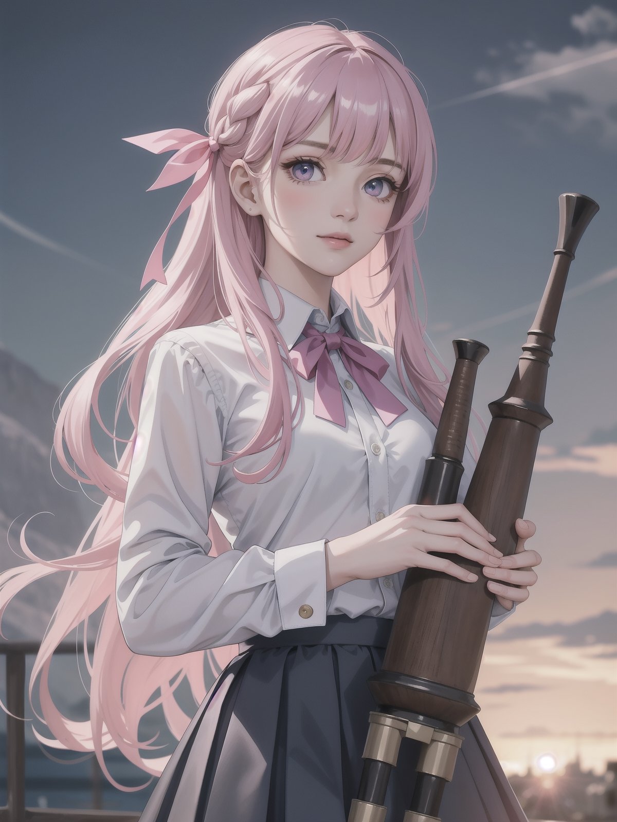 (detailed beautiful eyes and detailed face, masterpiece side light, masterpiece, best quality, detailed, high resolution illustration), (1 girl, beautiful girl, shiny skin, looking down, looking at viewer), ( Sky blue long hair, pink eyes, skirt, ribbon, button-down shirt) 45 degrees, top view,  sideways,bagpipeqr,HowToHoldMeme,1 girl,blurry_light_background