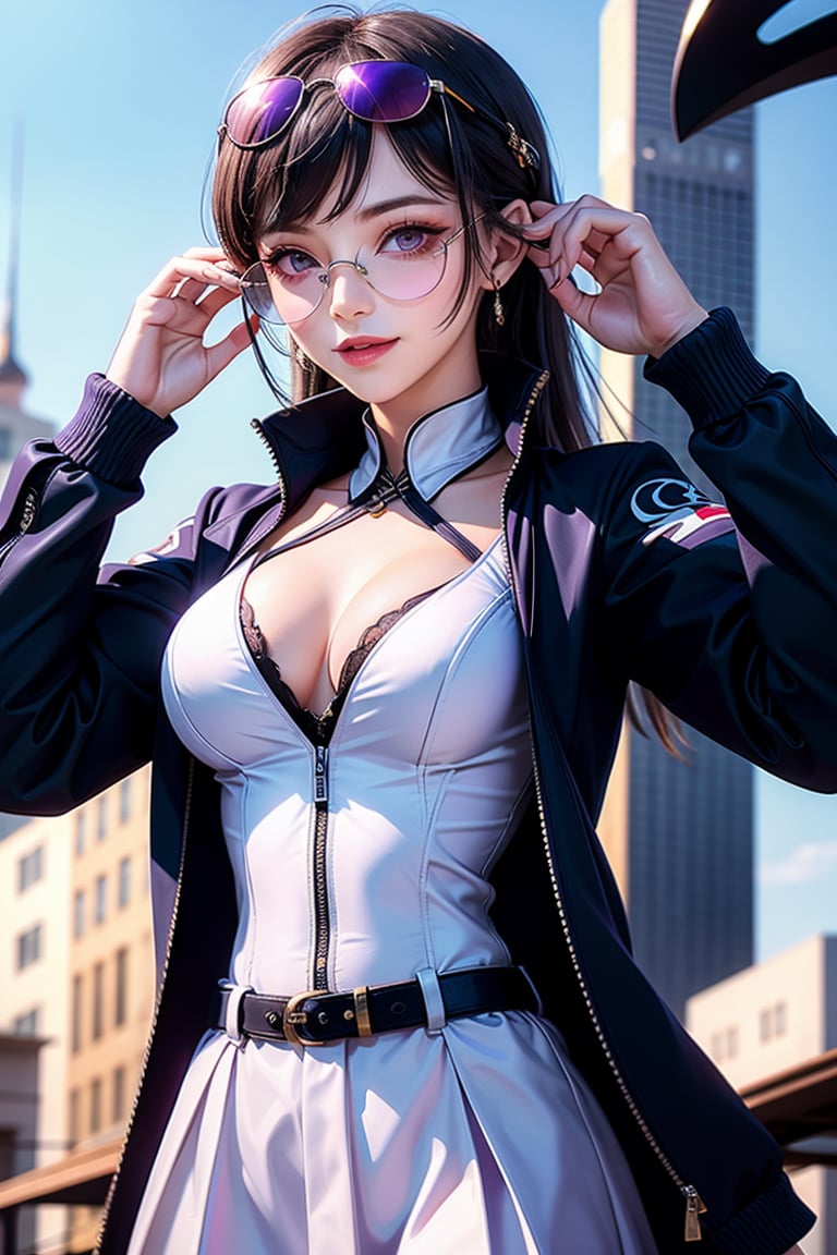  1girl, solo, looking at viewer, light smile, large breasts, purple eyes, sunglasses, upper body, eyewear on head, white shirt, black jacket, kafka,