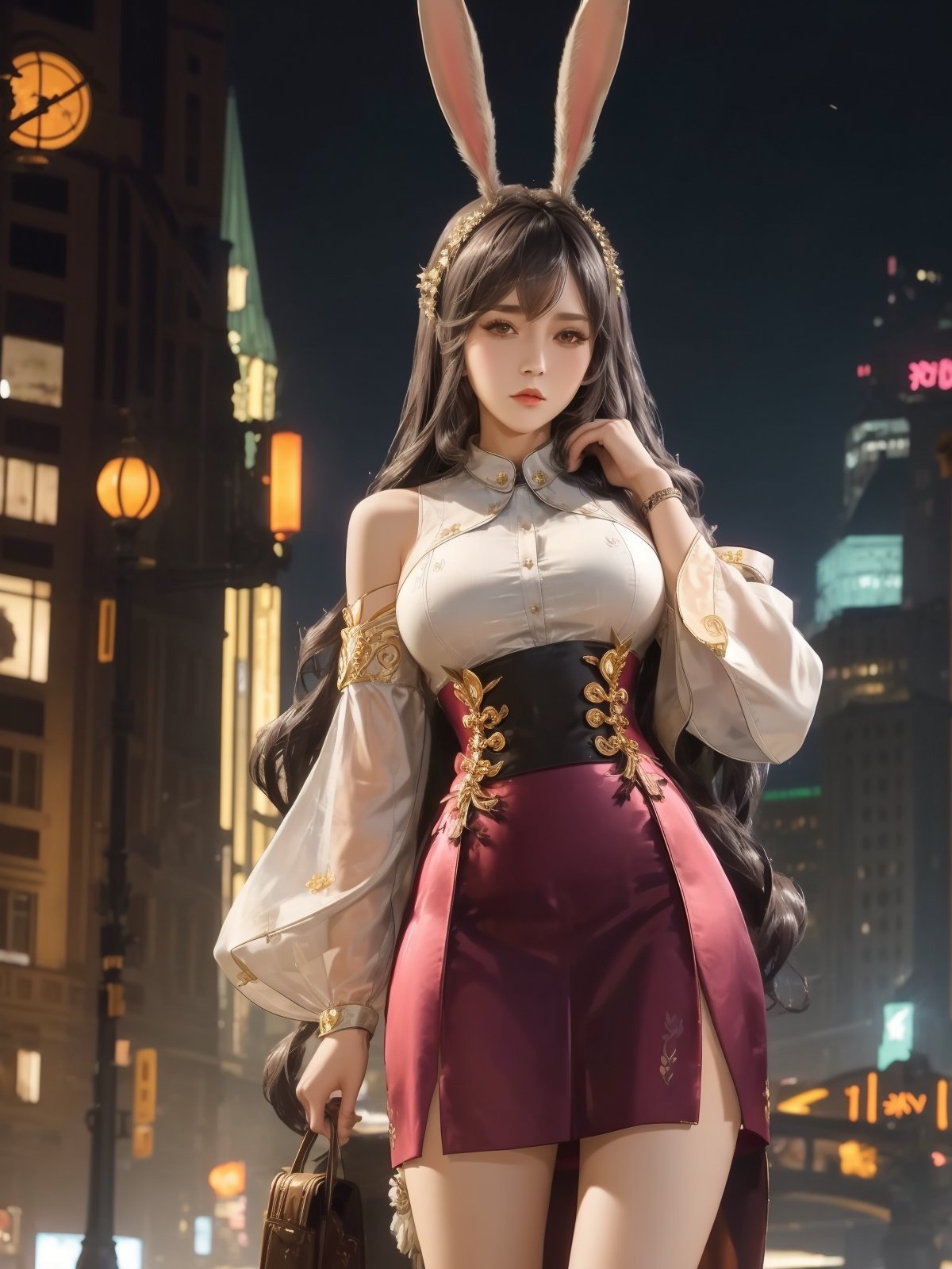 ,1girl,mature female, looking at viewer, cityscape, night, hair ornament, long hair, fake animal ears, skirt,shirt,clothing cutout, rabbit ears, detached sleeves, 