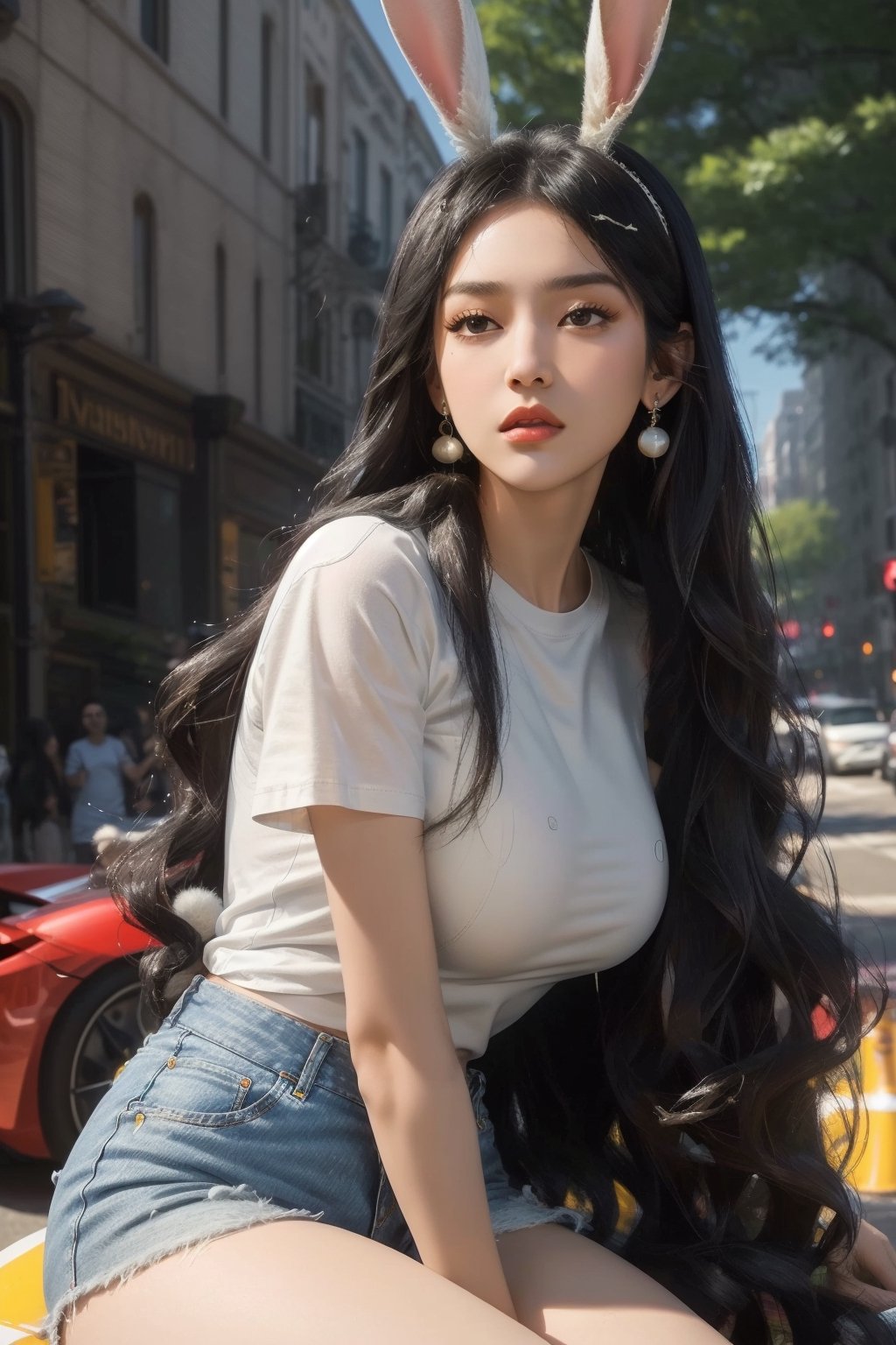 Best quality, masterpiece, super high resolution, (realistic: 1.4), original photo, (evening street), 1 girl, black eyes, looking at the audience, long hair, light makeup, lips, small ears, white t-shirt, denim shorts, earrings, sitting Ferrari, big breasts, slim, black hair, long hair, ,rabbit ears