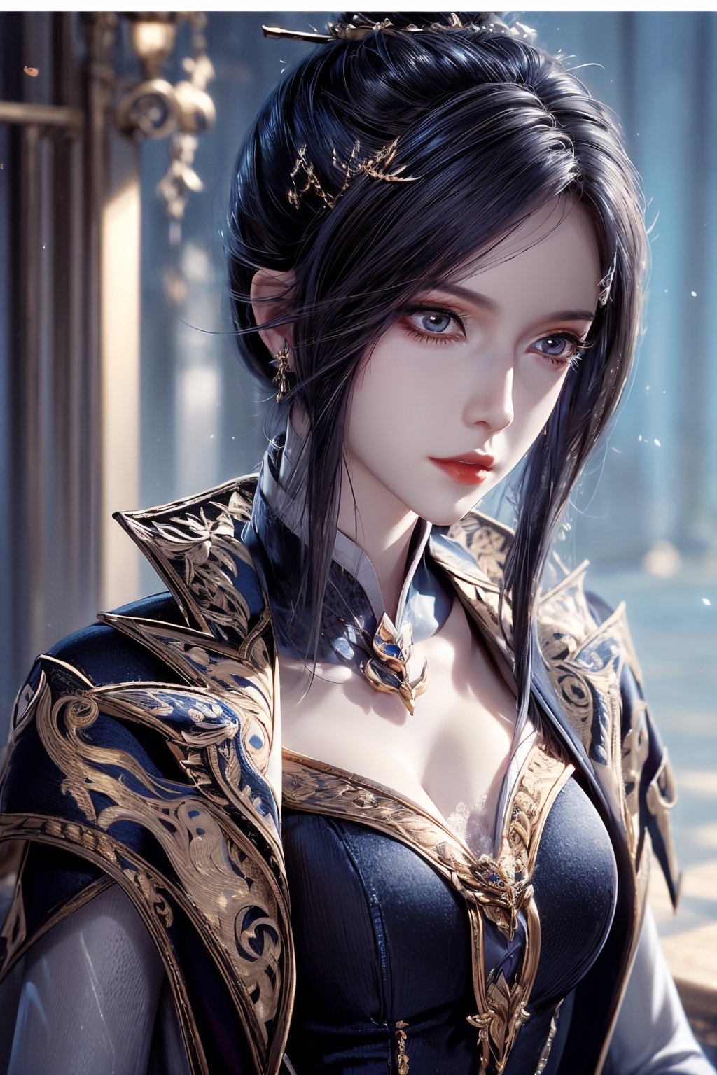 1girl, (Lotus: 1.2), shiny skin, realistic style with fantasy elements, jewelry, surrealism, wide sleeves, detailed clothing, black dress, lace dress, see-through dress, Hanfu, New Year elements, elegant posture, Lights, contrast, amazing aesthetic, best quality, gorgeous artwork,r1ge,1 girl