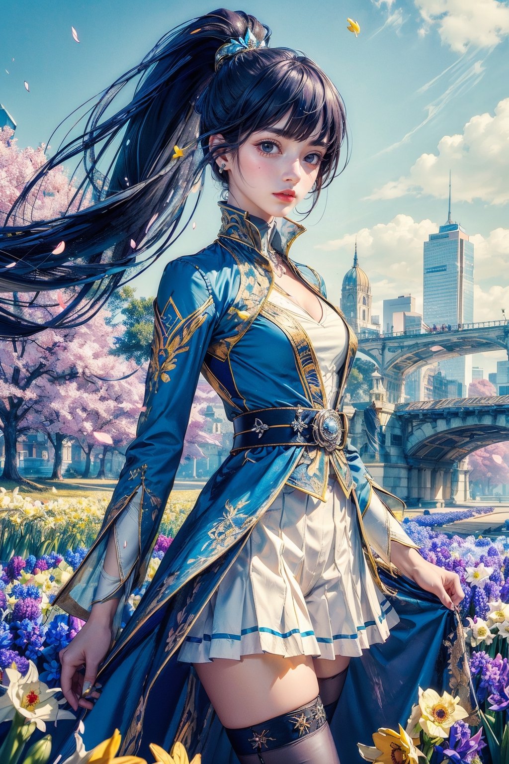 1girl, long hair, dress,hair ornament, looking at viewer, mature female, cityscape, night, thighhighs, clothing cutout, bangs, high collar,white skirt,ponytail, cowboy shot, long sleeves, belt,blue eyes,((masterpiece,best quality)),(1girl, solo:1.4),outfits aesthetic,beautiful detailed eyes, vivid, cloudy sky, flower, anemone \(flower\), daffodil, hyacinth,falling petals,