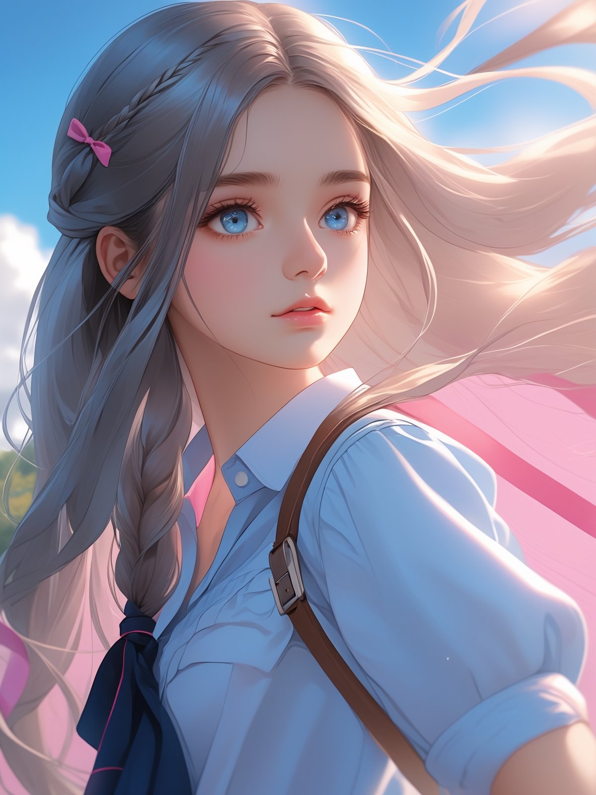 (detailed beautiful eyes and detailed face, masterpiece side light, masterpiece, best quality, detailed, high resolution illustration), (1 girl, beautiful girl, shiny skin, looking down, looking at viewer), ( Sky blue long hair, pink eyes, skirt, ribbon, button-down shirt) 45 degrees, top view,  sideways,bagpipeqr,HowToHoldMeme,1 girl,blurry_light_background