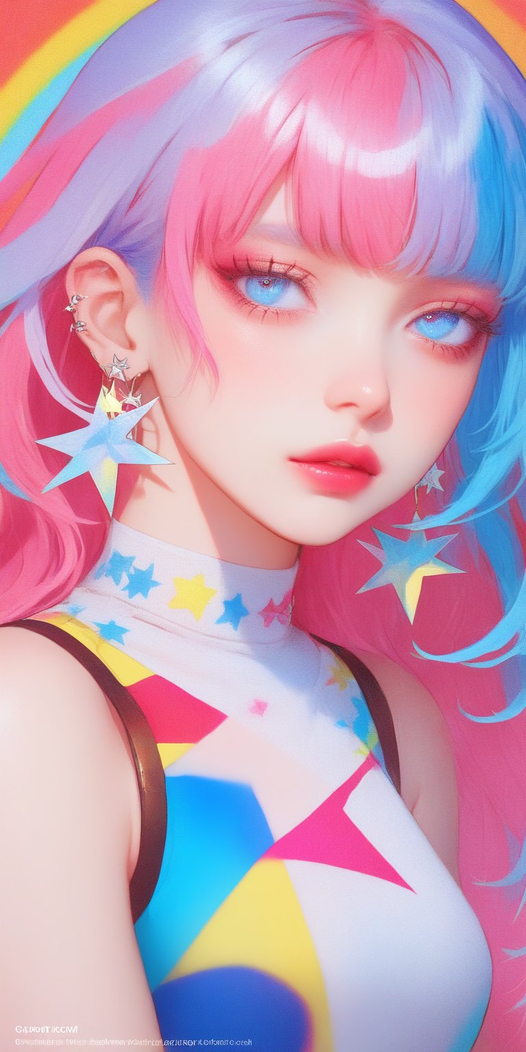 1girl, solo, long hair, looking at viewer, blue eyes, jewelry, blue hair, upper body, pink hair, multicolored hair, earrings, sleeveless, star \(symbol\), lips, watermark, multicolored clothes, colorful, rainbow hair