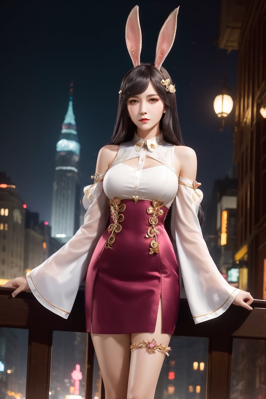 ,1girl,mature female, looking at viewer, cityscape, night, hair ornament, long hair, fake animal ears, skirt,shirt,clothing cutout, rabbit ears, detached sleeves, 