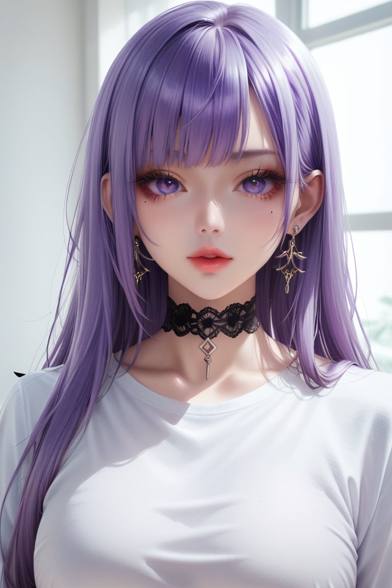 1girl, solo, long hair, looking at viewer, bangs, shirt, long sleeves, jewelry, purple eyes, upper body, purple hair, earrings, choker, mole, lips, eyelashes, mole under eye, black choker