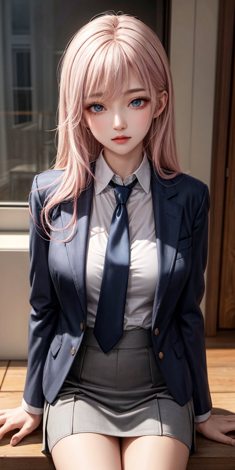 1girl, solo, long hair, looking at viewer, skirt, shirt, sitting, jacket, white shirt, pink hair, necktie, formal, suit, grey jacket, Blue Eye,