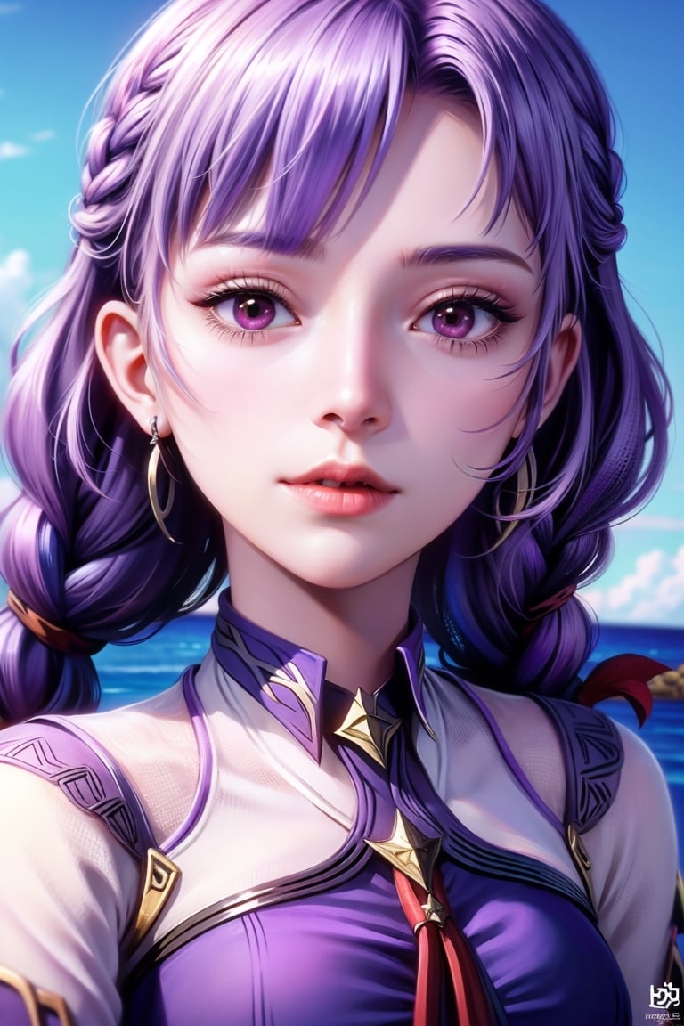 skirt, braid, purple hair,  shiny hair,  Good Life Will, closeup portrait of a pretty woman walking,Nagara(azur lane),(origin),school_uniform,1girll,Solo,Outdoors, view the viewer,, ,Masterpiece, Best quality, Ultra-detailed, illustration,all Body,1 girl