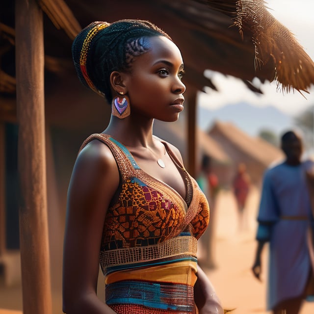 girl, fullbody, full body, romantic academia, neo-mosaic, sharp brushwork, changelingcore, distinctive noses, African village background, hyper-realistic illustrations