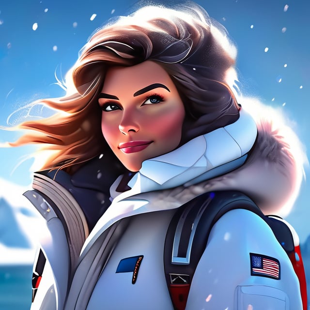 Girl, fullbody, full body, romantic academia, neo-mosaic, sharp brushwork, changelingcore, distinctive noses, Antarctica background, hyper-realistic illustrations 