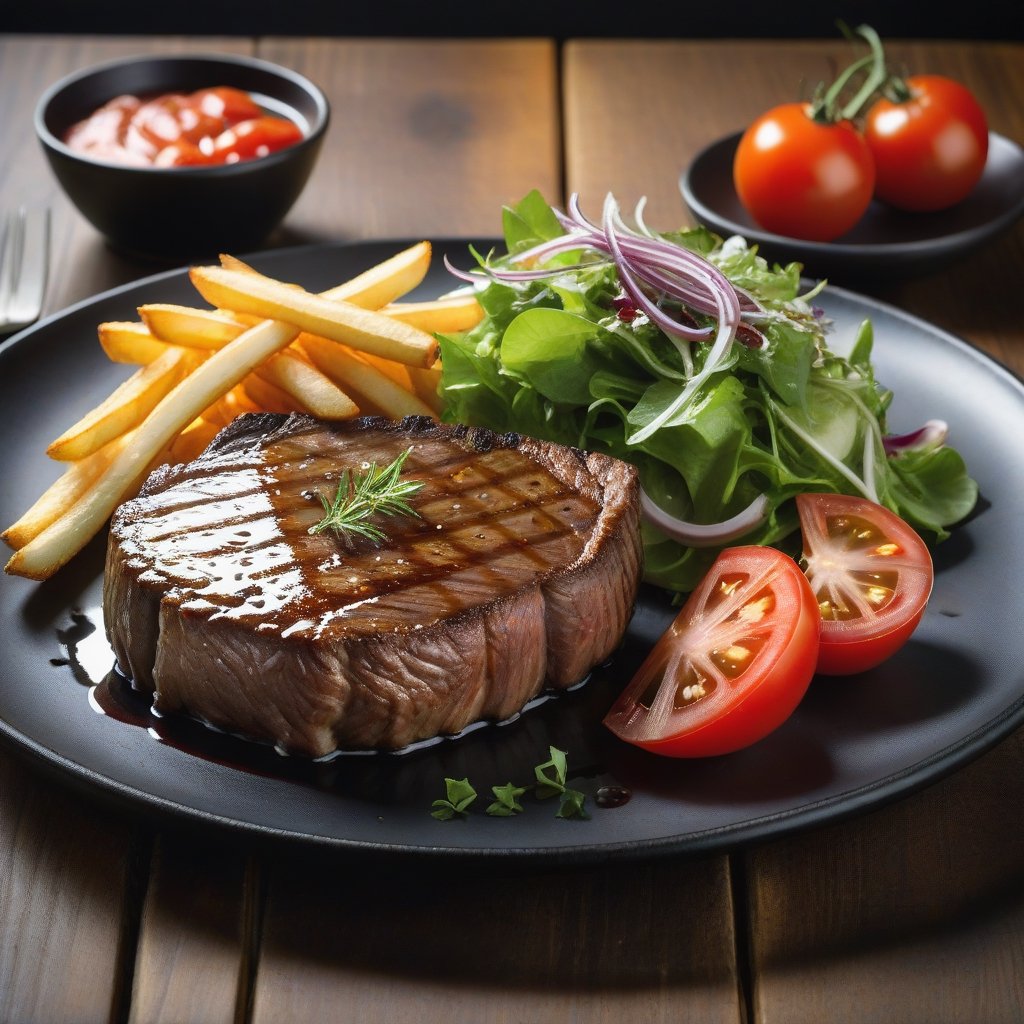 Beef steak, perfectly cooked, on a black plate, decorated beautifully. There were french fries on the plate. There are a few salad vegetables and tomatoes placed on a wooden table, giving the atmosphere of an English restaurant. high resolution images Use a macro lens to take beautiful photos with beautiful light.,booth