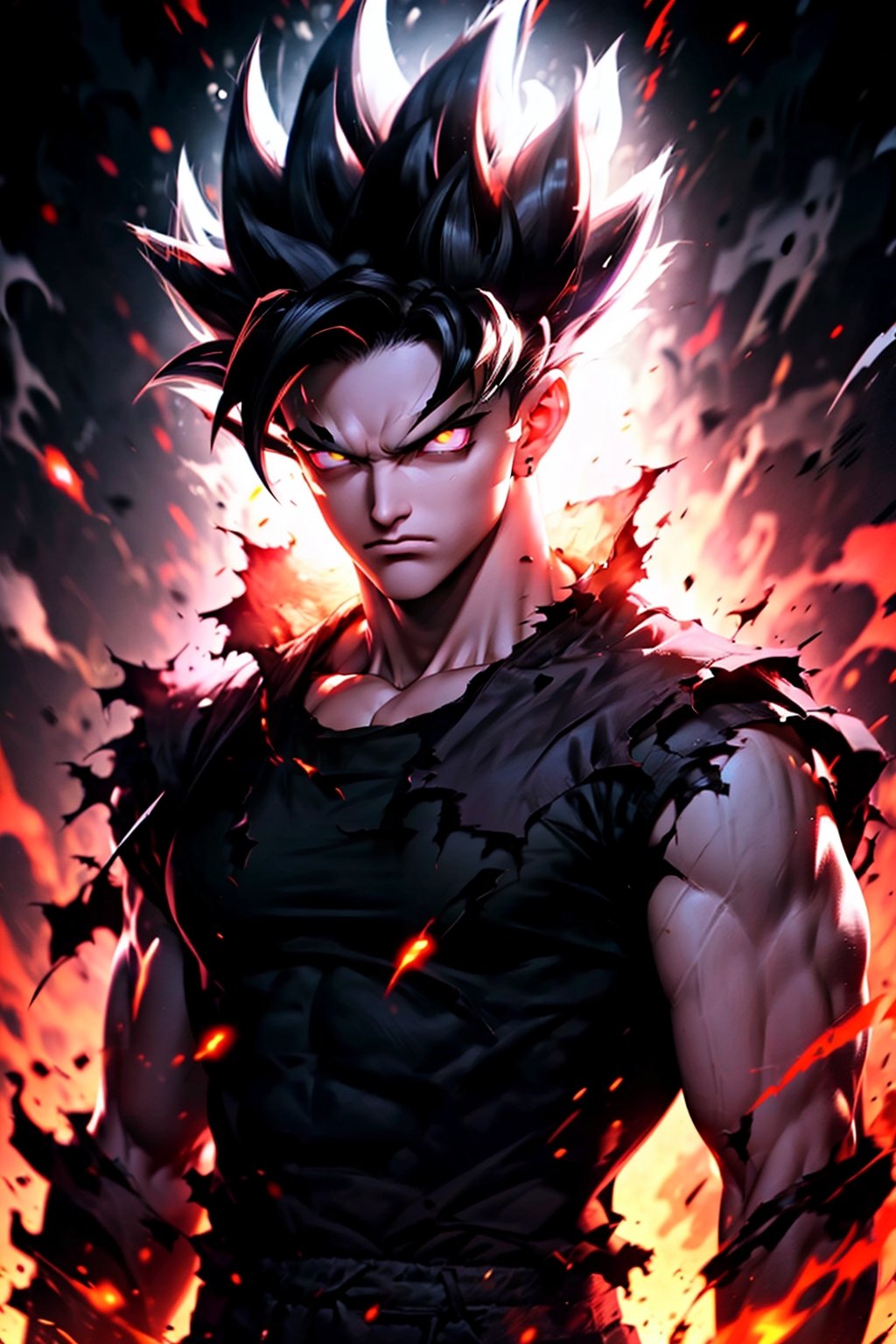 solo, looking at viewer, black hair, 1boy, closed mouth, upper body, male focus, torn clothes, muscular, glowing, frown, spiked hair, serious, aura, super saiyan, son goku, anime style hair, glowing eyes, anime style body shape 