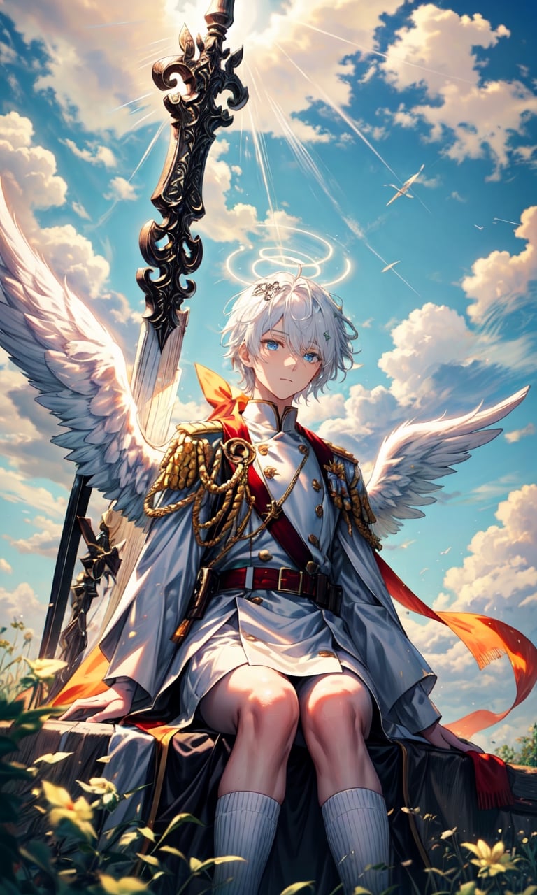 1 man, strong, angel, angel wings, white angel wings, short bright white hair, straight hair, #87CEFA eyes, heaven, sunny sky, pale skin, angelic army uniform, military uniform, white clothes, sheathed sword, angelic body, beautiful, mature woman, angel halo, sitting on an cloud,Anime 