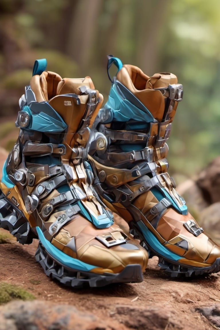 futuristic crypto shoes , Hiking shoes, Salomon brand, high_resolution, high detail, realistic, realism,cyborg style,Colourful cat ,steampunk style,Origami ,pair of shoes