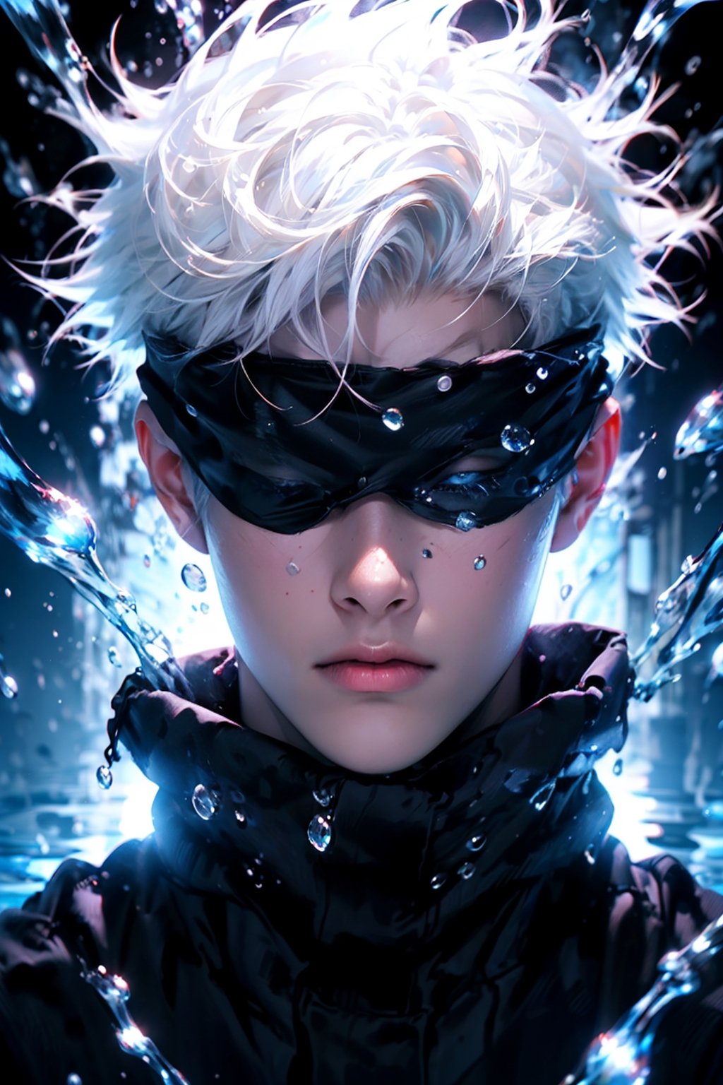 solo, short hair, 1boy, jacket, upper body, white hair, male focus, black jacket, portrait, blindfold, aura, covered eyes, black blindfold, gojou satoru,1boy gojo: 1 photgraph, ((face only)),1 white betta fish, ripped, sad face, (white hair), (handsome), (full white jacket), ((looking view)), (rightside), (water droplets), (glowing),((white:background)),4k, masterpiece, 8k, realistic,(satoru gojo), blindfolded, ,SATORU GOJO, betta_fish: ((white betta fish around gojo)),