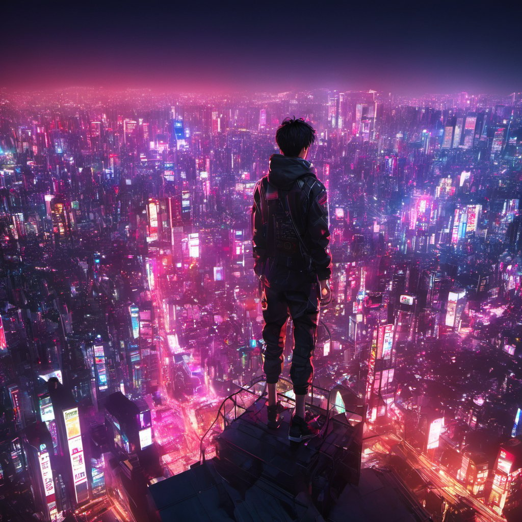 1boy, standing on top building, cyber, cyberpunk style, Tokyo city, neon light, night, buildings, highres, realistic, 