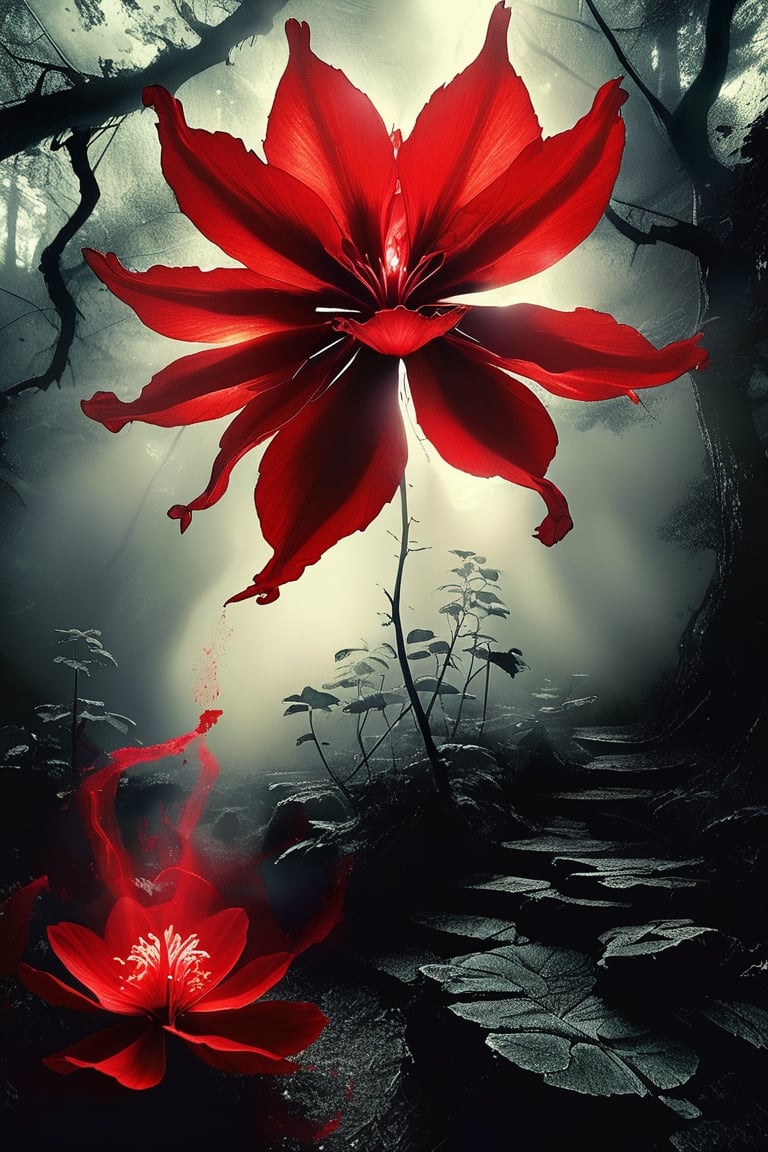 In the depths of darkness, a eerie red flower blooms, its petals glowing with an otherworldly light. Its twisted and jagged petals seem to dance with an unseen wind, casting an ominous glow that illuminates the shadows around it. This mysterious flower, found in the heart of a forbidding forest, is both captivating and unsettling to behold. It exudes an aura of enchantment and danger, as if holding secrets of ancient magic within its crimson petals.,ink