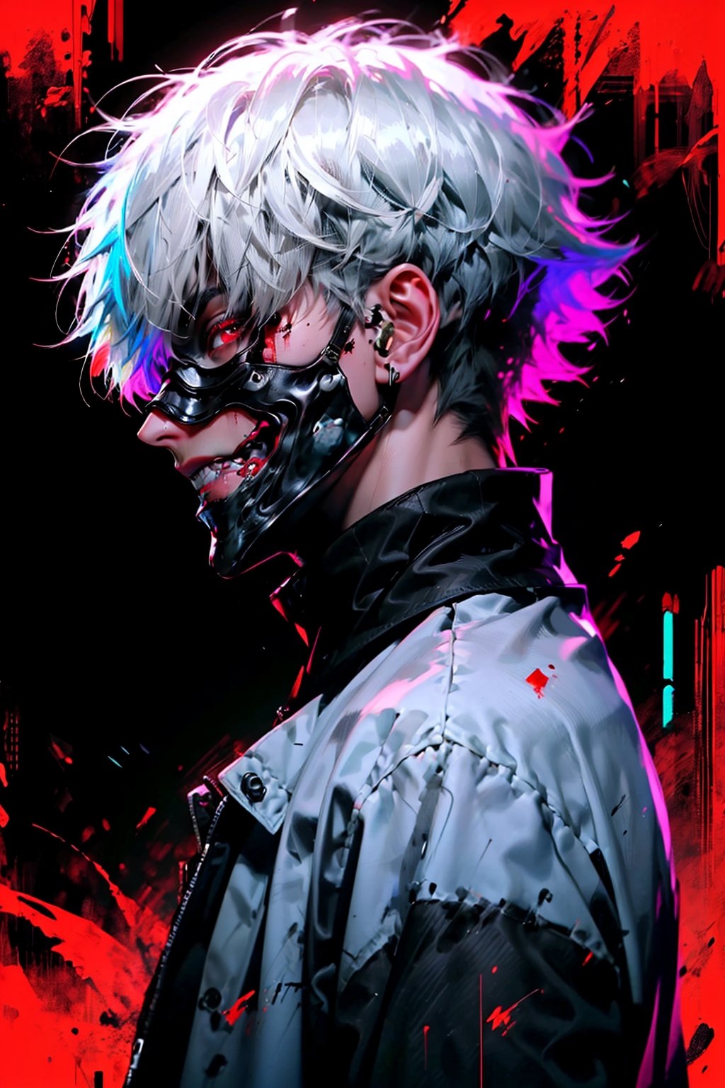 solo, short hair, bangs, red eyes, 1boy, jacket, upper body, white hair, male focus, parted lips, teeth, from side, torn clothes, black shirt, blood, profile, mask, colored sclera, black sclera, multicolored background, kaneki ken,r1ge