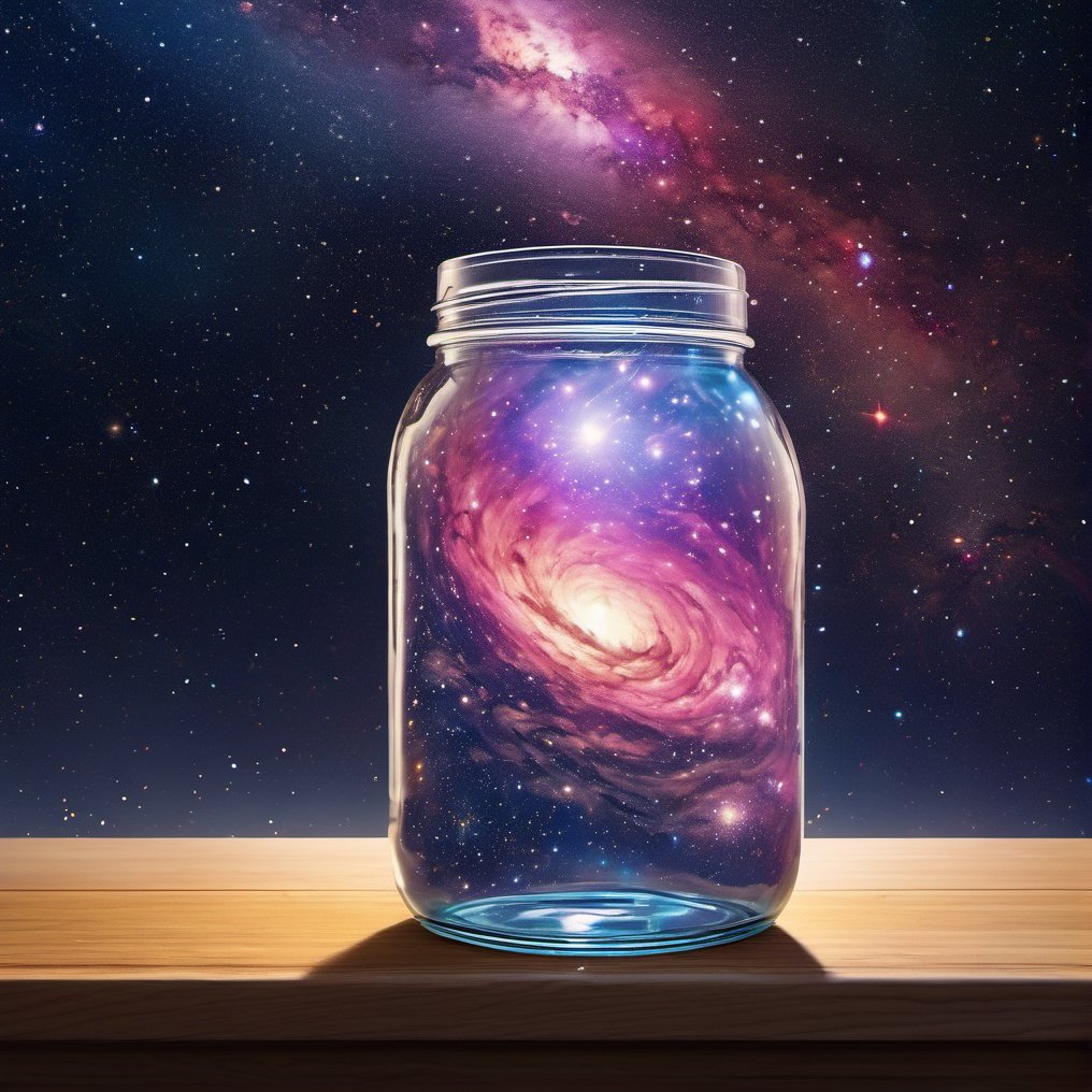 Highly detailed RAW color Photo, top Angle, a nebula in a mason jar, vivid detail, (nebula), (sci-fi), Mason Jar sitting on kitchen counter (highly detailed, hyperdetailed, intricate), particle effects, raytracing, cinematic lighting, shallow depth of field, photographed on a Sony a9 II, 35mm wide angle lens, sharp focus, cinematic film still, dynamic angle,EpicSky