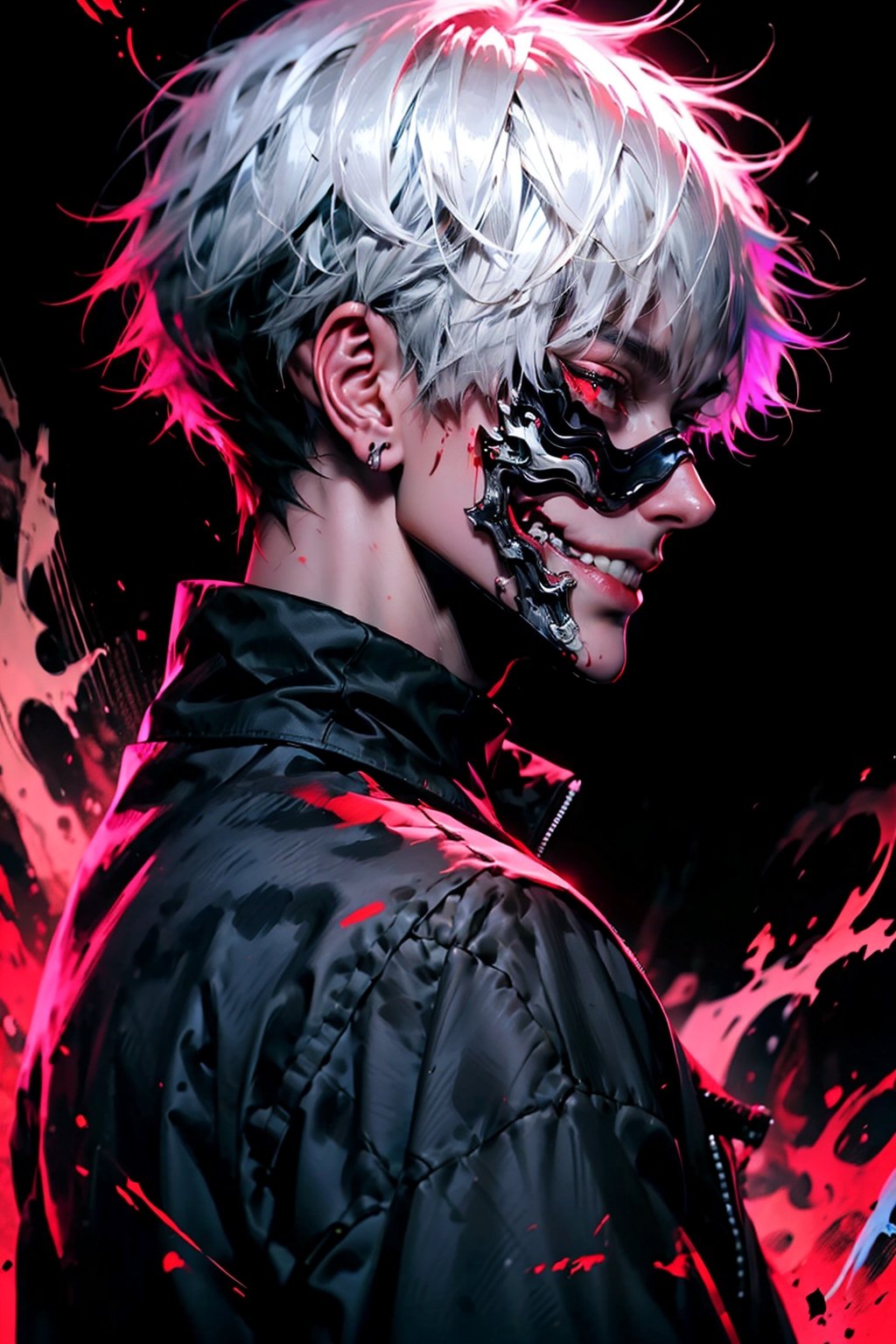 solo, short hair, bangs, red eyes, 1boy, jacket, upper body, white hair, male focus, parted lips, teeth, from side, torn clothes, black shirt, blood, profile, mask, colored sclera, black sclera, multicolored background, kaneki ken,r1ge