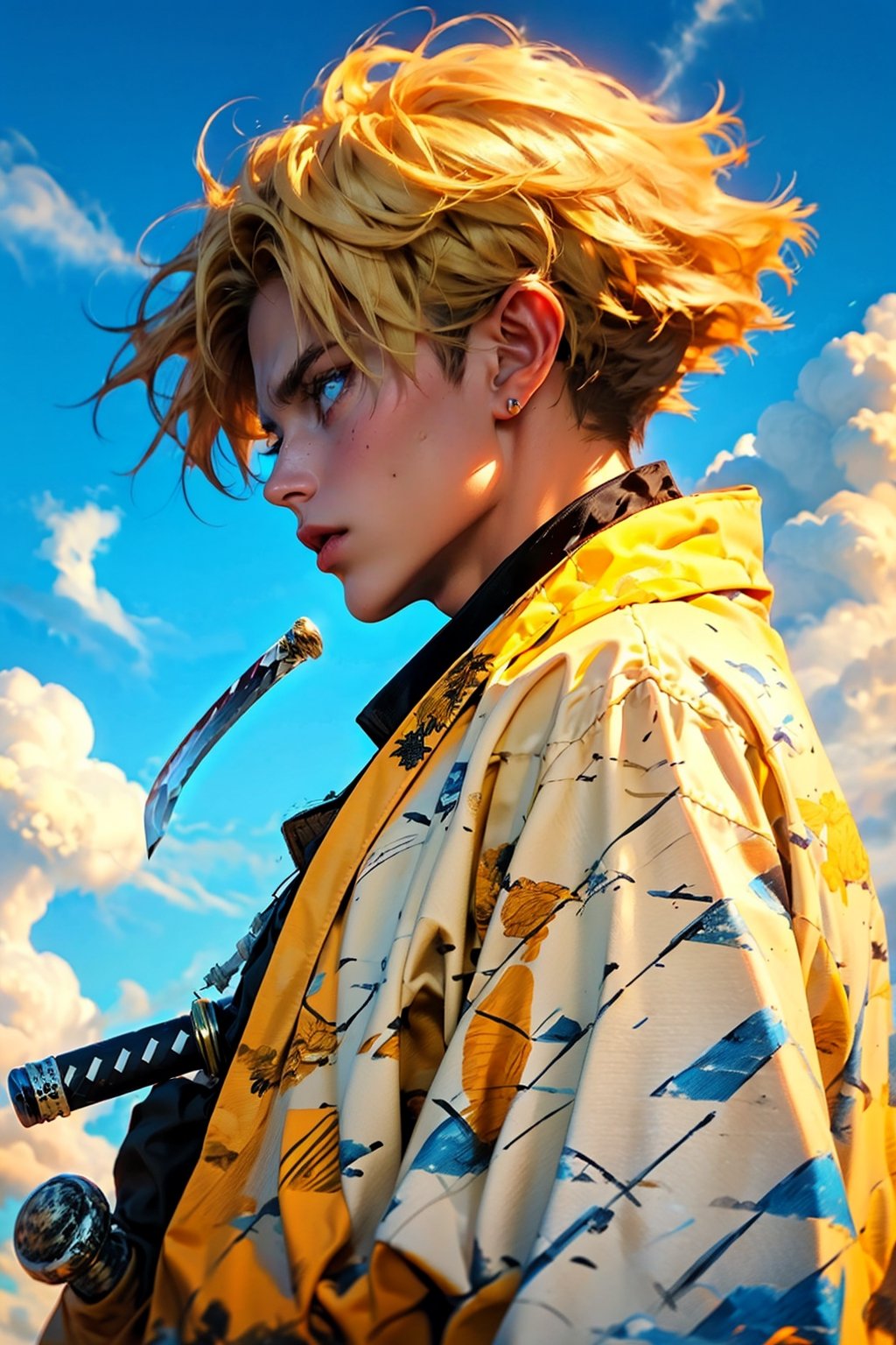 solo, short hair, blue eyes, blonde hair, long sleeves, 1boy, closed mouth, jacket, upper body, weapon, male focus, outdoors, japanese clothes, sky, sword, cloud, from side, blue sky, profile, katana, sheath, haori, demon slayer uniform, triangle print