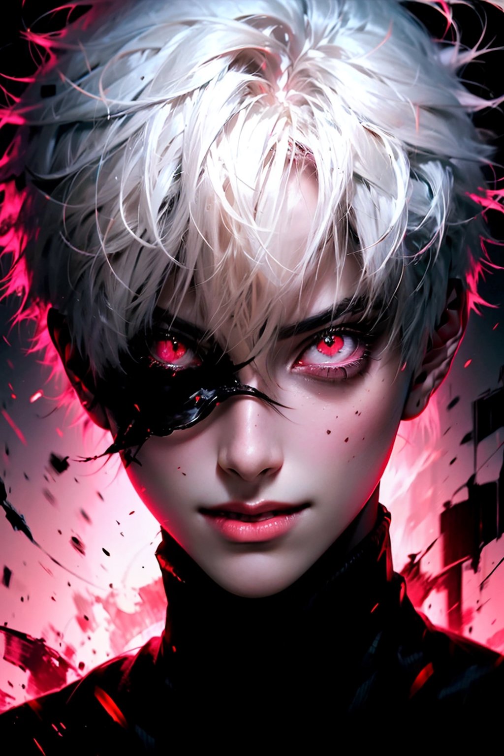 solo, looking at viewer, smile, short hair, red eyes, 1boy, white hair, male focus, pink eyes, portrait, kaneki ken