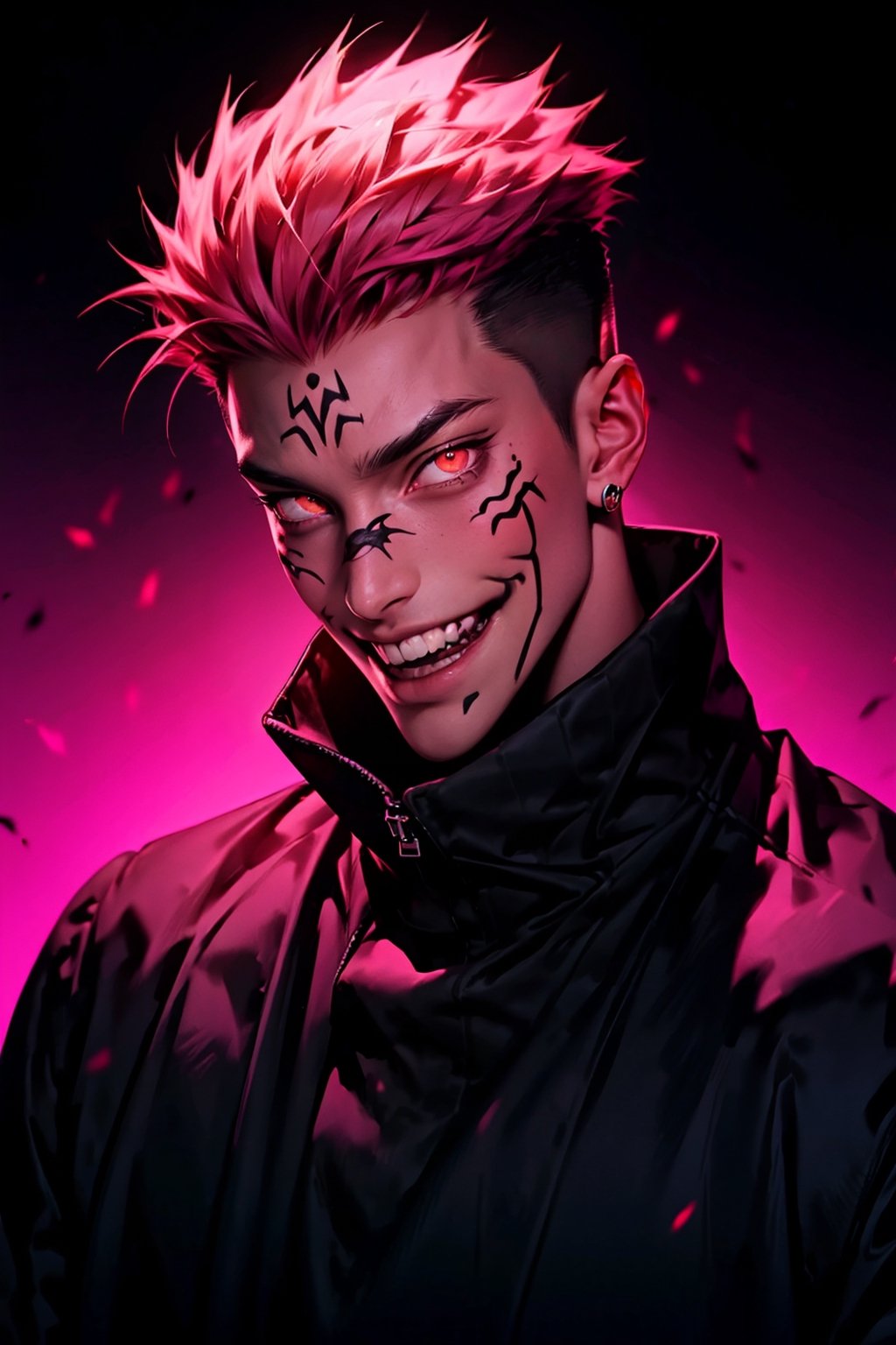 solo, looking at viewer, smile, short hair, open mouth, red eyes, 1boy, jacket, upper body, pink hair, male focus, teeth, orange eyes, gradient, tattoo, glowing, facial mark, spiked hair, glowing eyes, high collar, evil smile, undercut, facial tattoo, itadori yuuji, ryoumen sukuna \(jujutsu kaisen\)