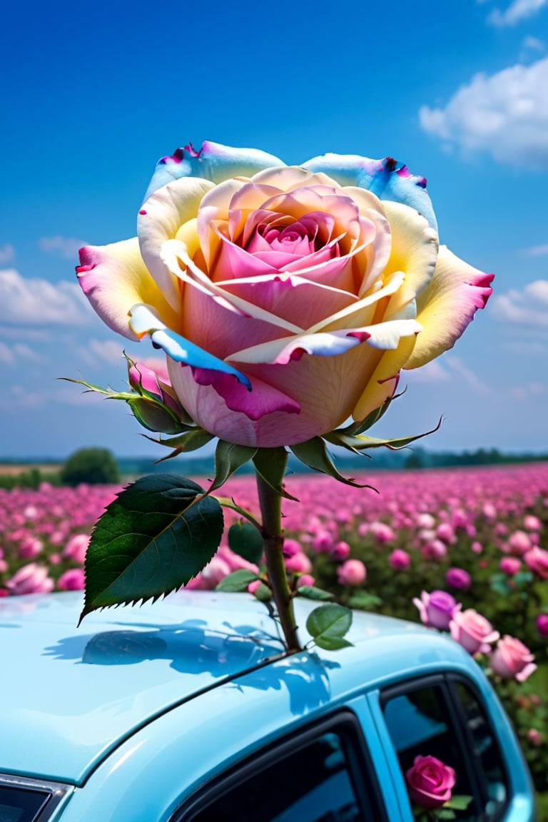 rose in object, ultra detailed, (masterpiece, top quality, best quality, official art, perfect face:1.2), UHD, (cinematic, azure and light pink:0.85), (muted colors, dim colors), falling petals, purple roses, multicolor rose, happiness, (action hearts:1.4), (full field roses :1.4), (blue rose in recreation Vehicle: 1.5), flowers, rose,Nature