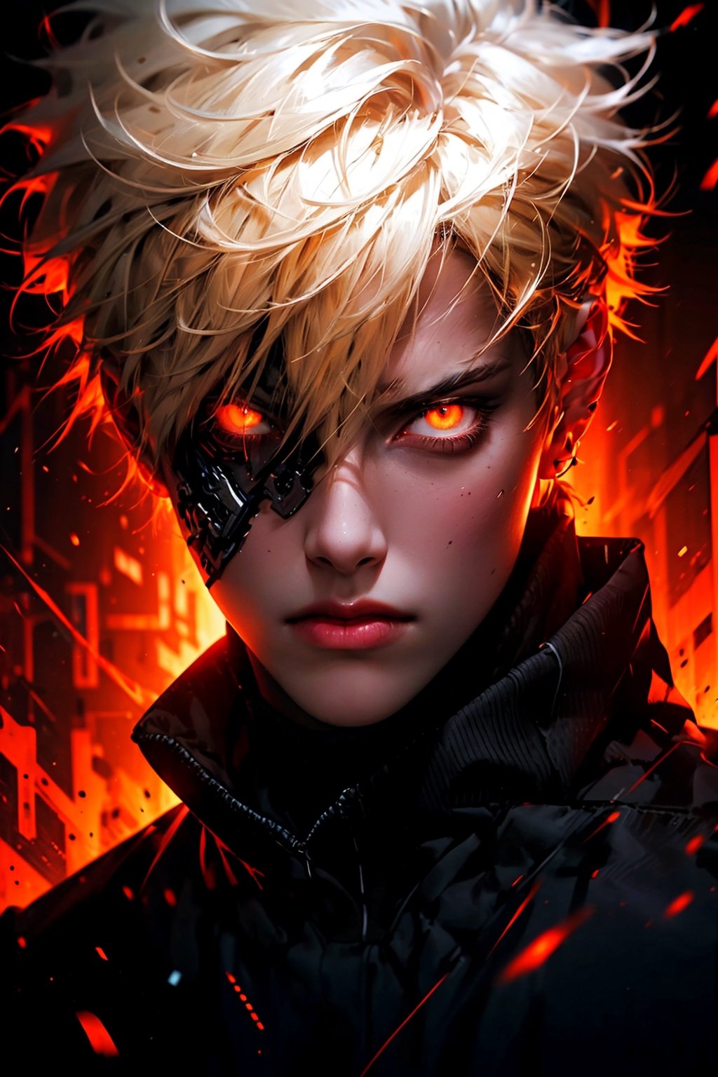 solo, looking at viewer, short hair, blonde hair, 1boy, hair between eyes, closed mouth, upper body, white hair, male focus, orange eyes, glowing, portrait, glowing eyes, colored sclera, science fiction, straight-on, cyborg, cyberpunk, mechanical parts