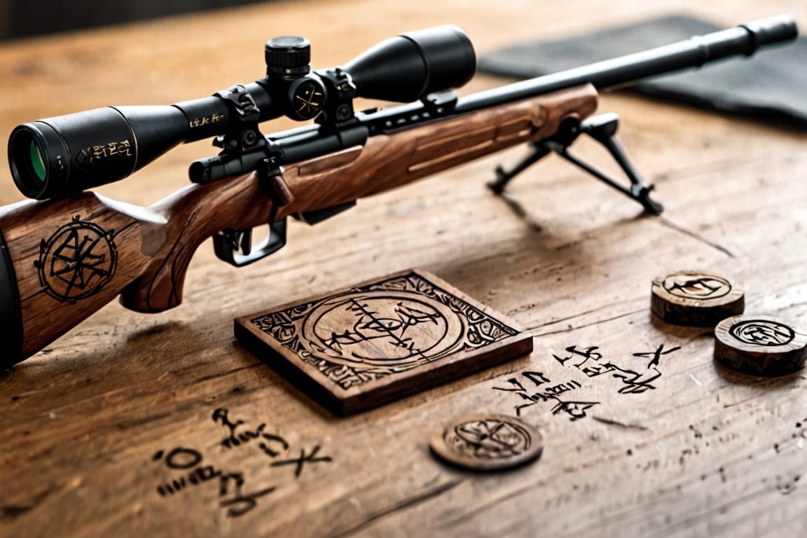 Macro photo , sniper on table, engraved runes, natural light 