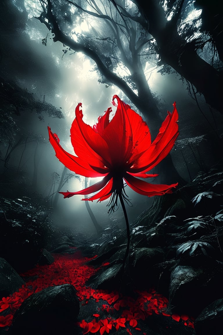 In the depths of forest, a eerie red flower blooms, its petals glowing with an otherworldly light. Its twisted and jagged petals seem to dance with an unseen wind, casting an ominous glow that illuminates the shadows around it. This mysterious flower, found in the heart of a forbidding forest, is both captivating and unsettling to behold. It exudes an aura of enchantment and danger, as if holding secrets of ancient magic within its crimson petals.,ink