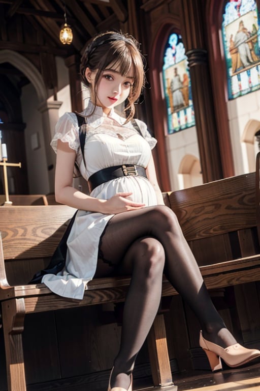 Realistic girl (hyper realistic, detailed, in a church ) long hair, purple eyes, head band, mary jane shoes, white stockings, small breasts, early preggo, cute white dress, sit, crossed legs, maid