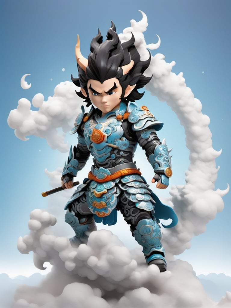mythical clouds, 1boy, solo, male focus, black hair, weapon, holding, holding weapon, horns, pointy ears, smoke, full body, long sleeves, armor, japanese clothes, short hair, closed mouth,3d figure,cyborg,tshirt design