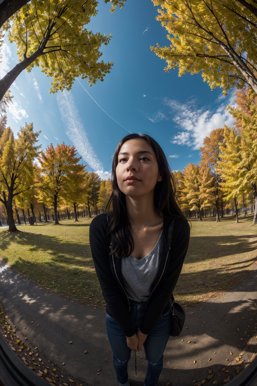 (masterpiece), best quality, high resolution, highly detailed, detailed background, perfect lighting, 8k, RAW photo, 1girl, casual, autumn, fisheye