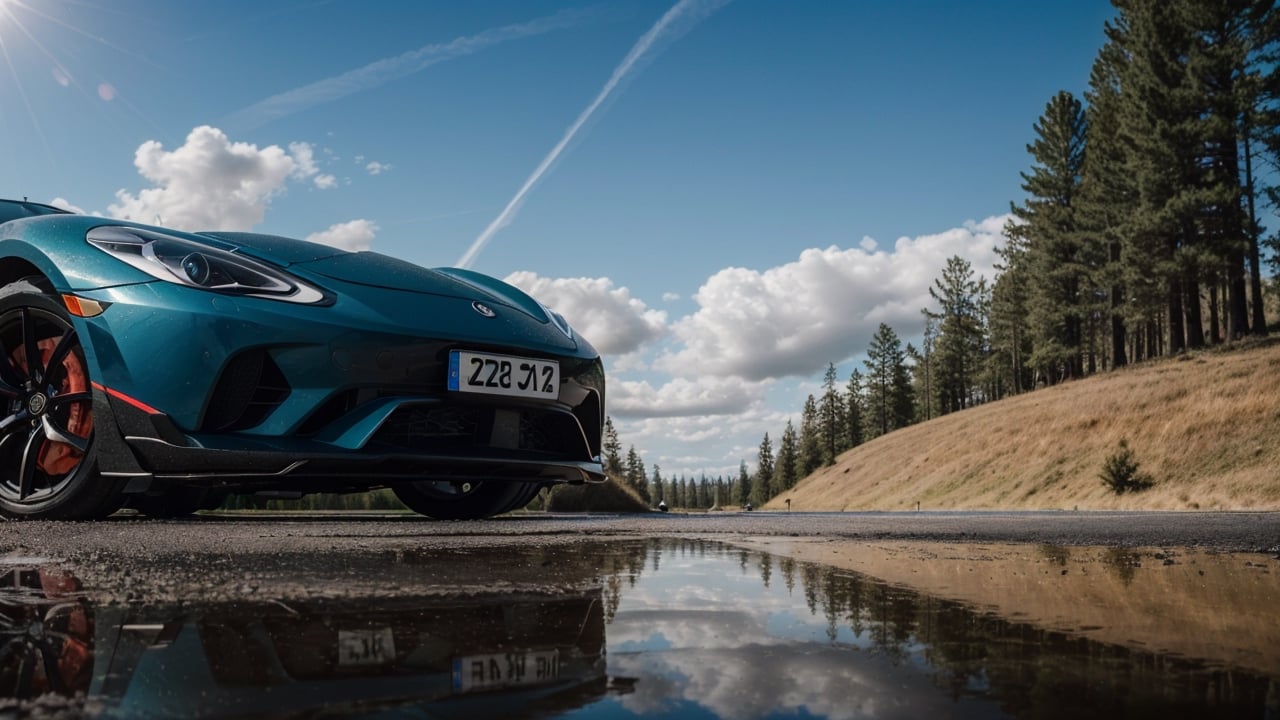 masterpiece,photo of landscape, sunny weather,(sports car,color {blue and red incandescent}), 8k,hdr, high quality, film grain,reflection masterpiece, vivid colours , weather ,puddles