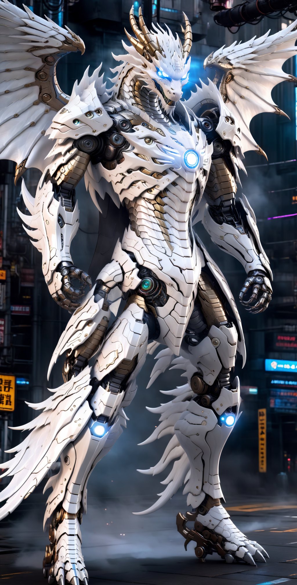 A Hi-Tech cyberpunk style white Dragon-Man style suit, Hi-Tech mechanical wings, Custom design, shining body, glowing look, full shining suit, body, hues.,steampunk style,cyberpunk style,mecha, perfect custom Hi-Tech suit, weapon master, ,cyborg style,Movie Still,robot,cyberpunk, batman Hi-Tech motor_bike, , , , , 