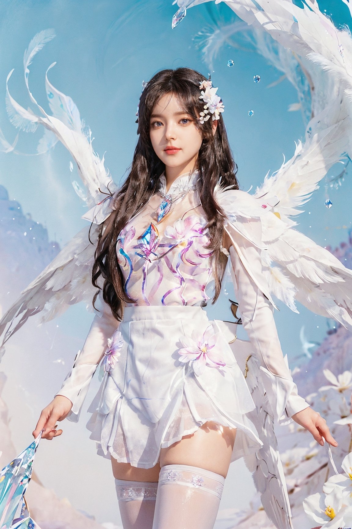 masterpiece,{{{best quality}}},(illustration)),{{{extremely detailed CG unity 8k wallpaper}}},game_cg,(({{1girl}})),{solo}, (beautiful detailed eyes),((shine eyes)),goddess,fluffy hair,messy_hair,ribbons,hair_bow,{flowing hair}, (glossy hair), (Silky hair),((white stockings)),(((gorgeous crystal armor))),cold smile,stare,cape,(((crystal wings))),((grand feathers)),((altocumulus)),(clear_sky),(snow mountain),((flowery flowers)),{(flowery bubbles)},{{cloud map plane}},({(crystal)}),crystal poppies,({lacy}) ({{misty}}),(posing sketch),(Brilliant light),cinematic lighting,((thick_coating)),(glass tint),(watercolor),(Ambient light),long_focus,(Colorful blisters),ukiyoe style,, 