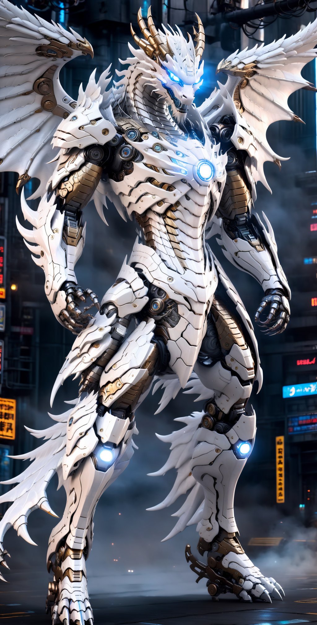 A Hi-Tech cyberpunk style white Dragon-Man style suit, Hi-Tech mechanical wings, Custom design, shining body, glowing look, full shining suit, body, hues.,steampunk style,cyberpunk style,mecha, perfect custom Hi-Tech suit, weapon master, ,cyborg style,Movie Still,robot,cyberpunk, batman Hi-Tech motor_bike, , , , , 