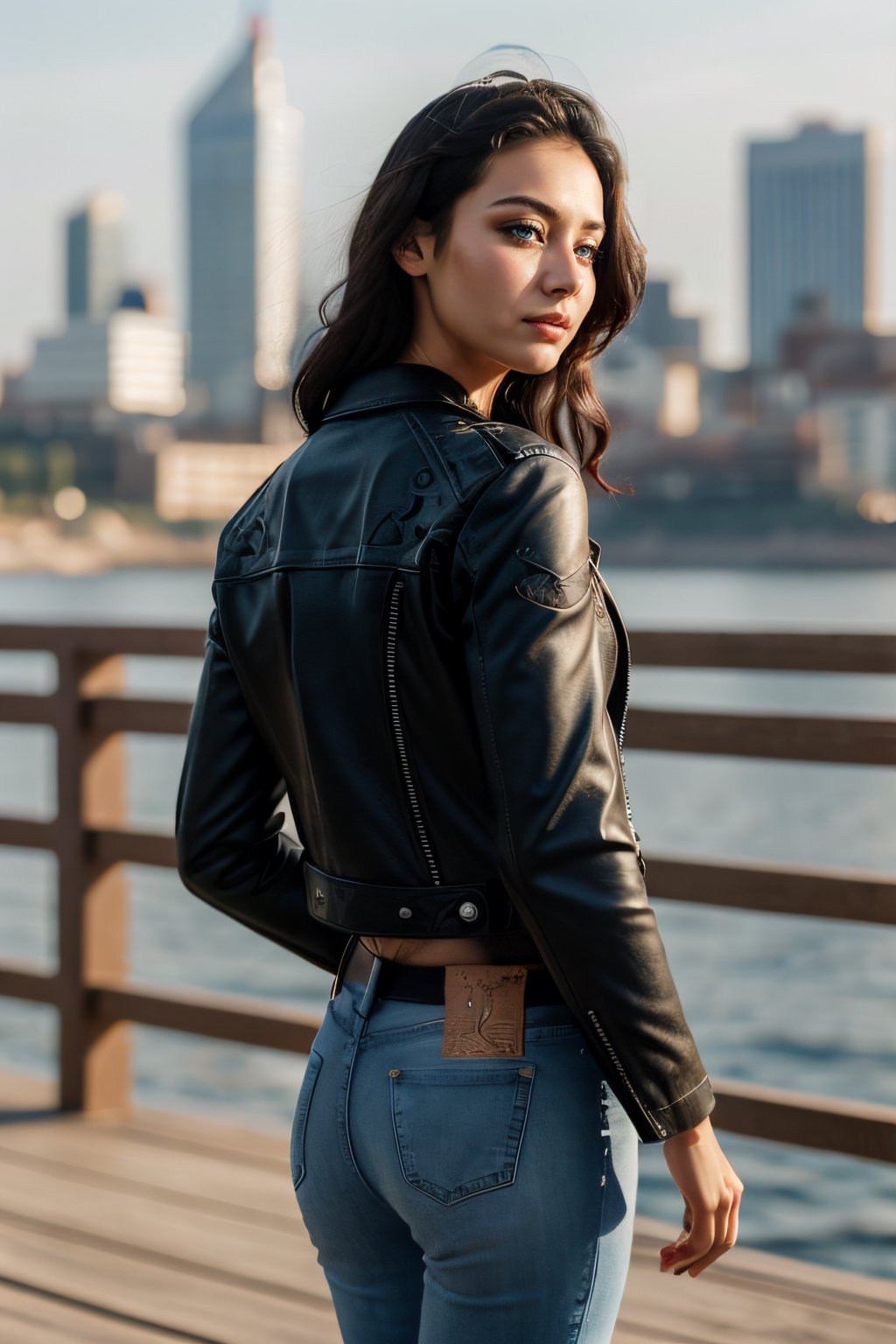 (masterpiece), (extremely intricate:1.3), (realistic), entered, award winning upper body digital art, (hyperelistic shadows), masterpiece, | korean, tight blue jean, open leather jacket, | city, sea, bokeh, blurred background, depth of field 