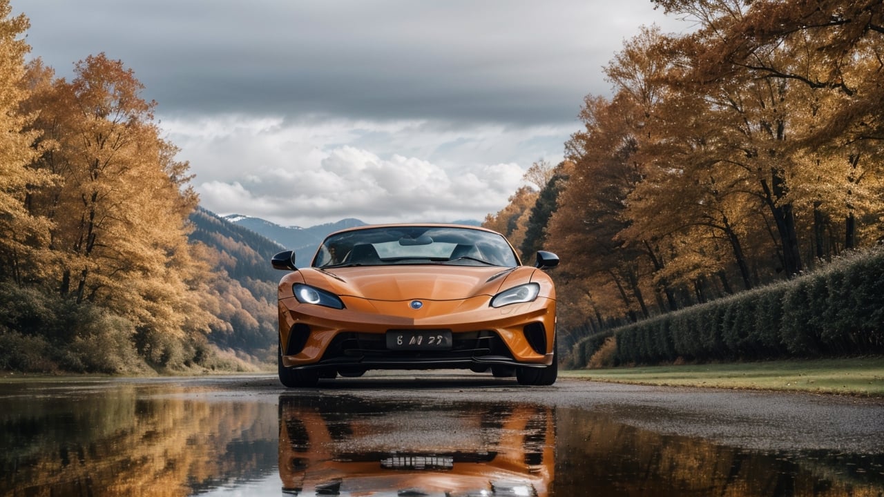 masterpiece,photo of landscape, sunny weather,(sports car,color orange), 8k,hdr, high quality, film grain,reflection masterpiece, vivid colours , weather 