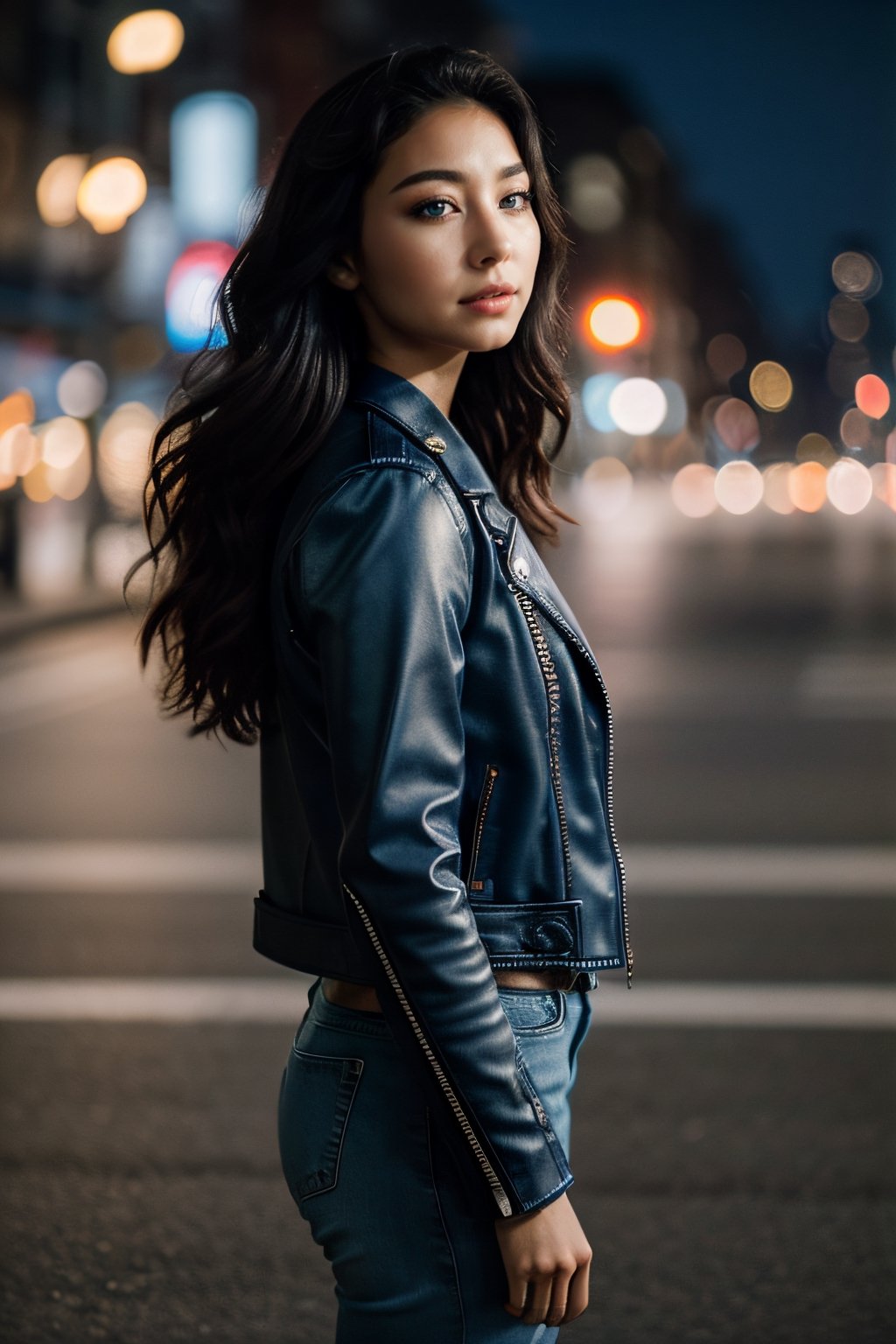 (masterpiece), (extremely intricate:1.3), (realistic), entered, award winning upper body digital art, (hyperelistic shadows), masterpiece, | korean, tight blue jean, open leather jacket, | city, sea, bokeh, blurred background, depth of field, night film, 